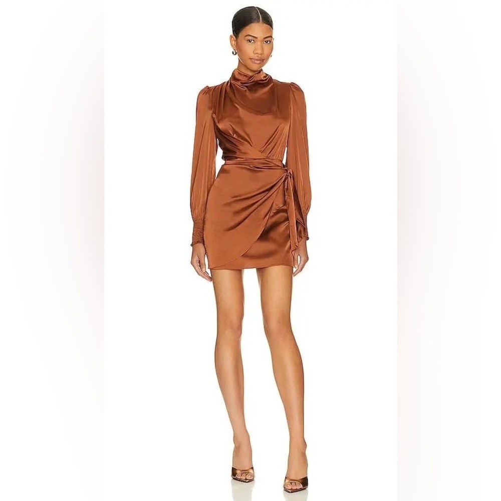NWT Heartloom Brown Long Sleeve Satin Mini Dress Sylvie Dress in Cigar Size M